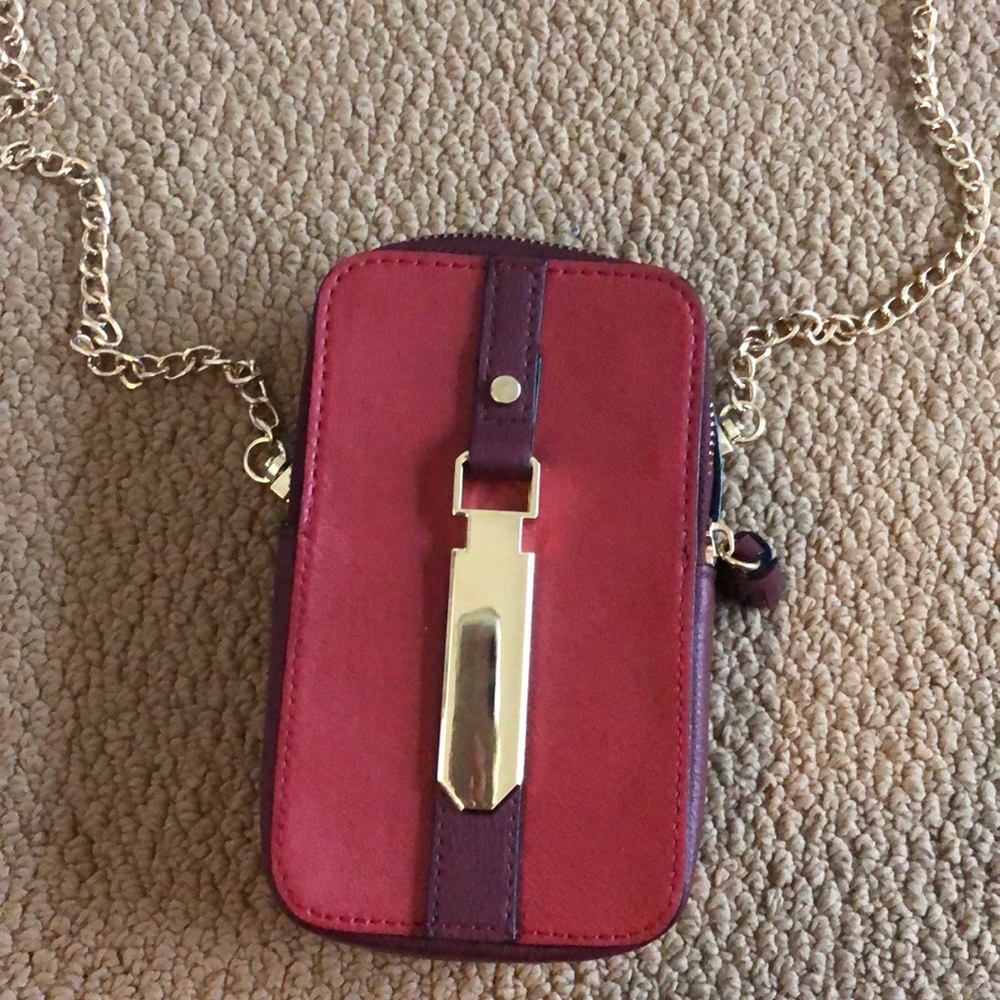 Kat Landry crossbody purse - red plum and gold with gold chain